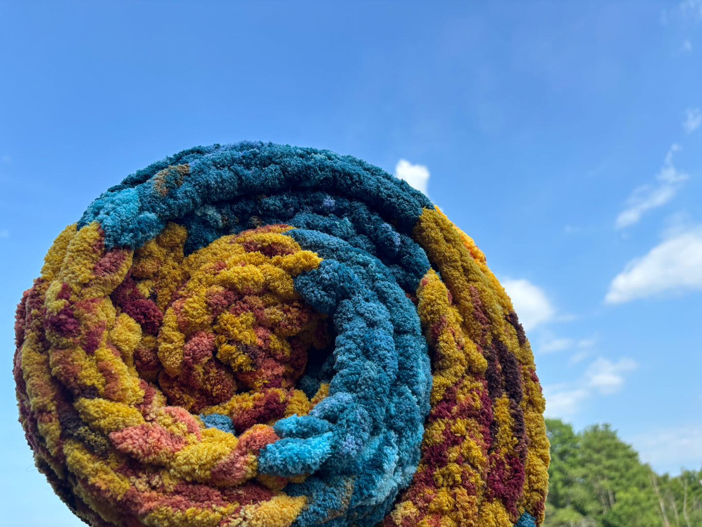 Blue and Orange Striped Chunky Hand-Knit Blanket